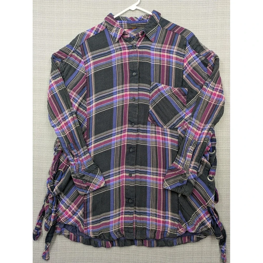 Free People Tunic Shirt Womens Medium Black Plaid Button Up Side Strap Detail